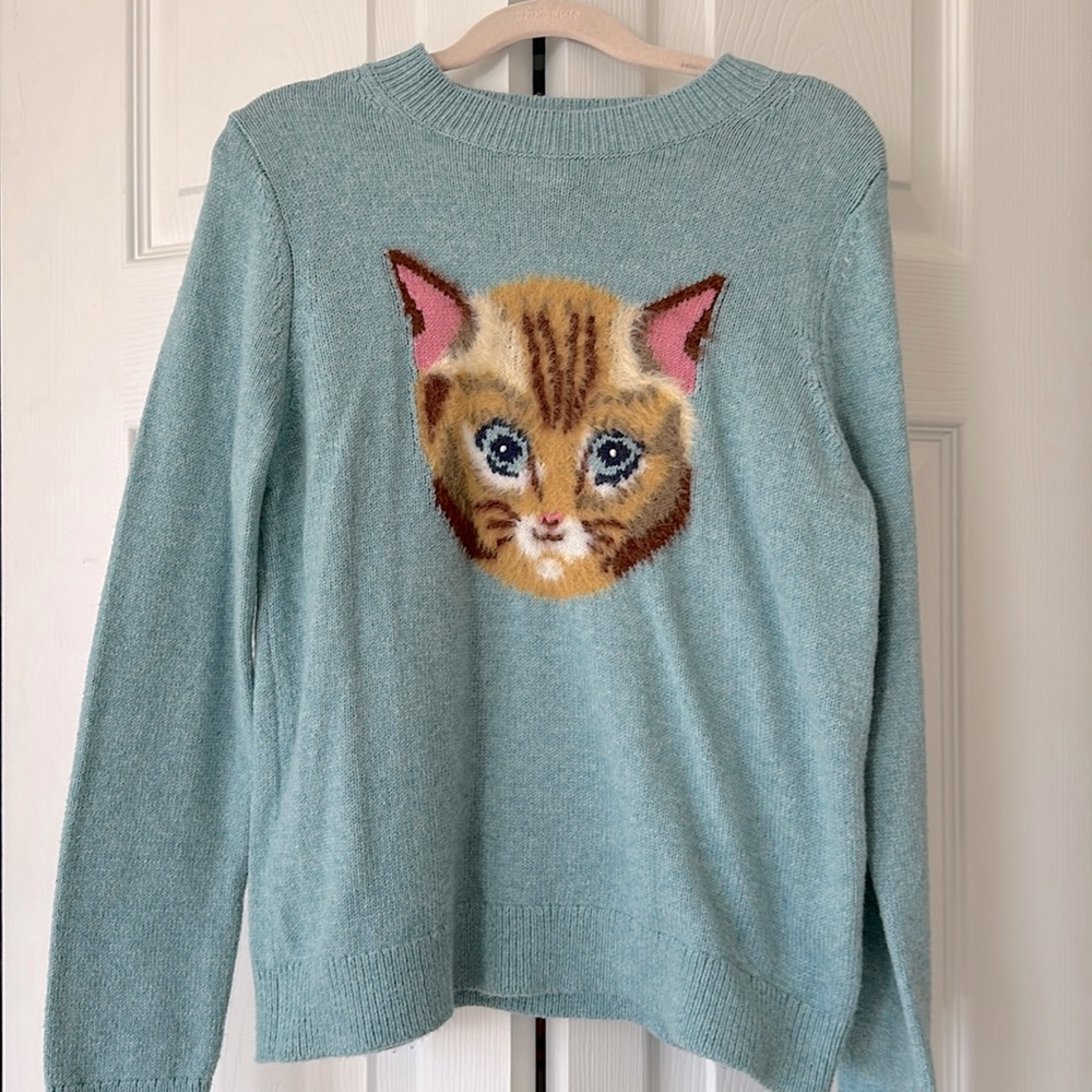 Mini Boden Cat Sweater
Size 9-10
Cotton/poly/wooll blend